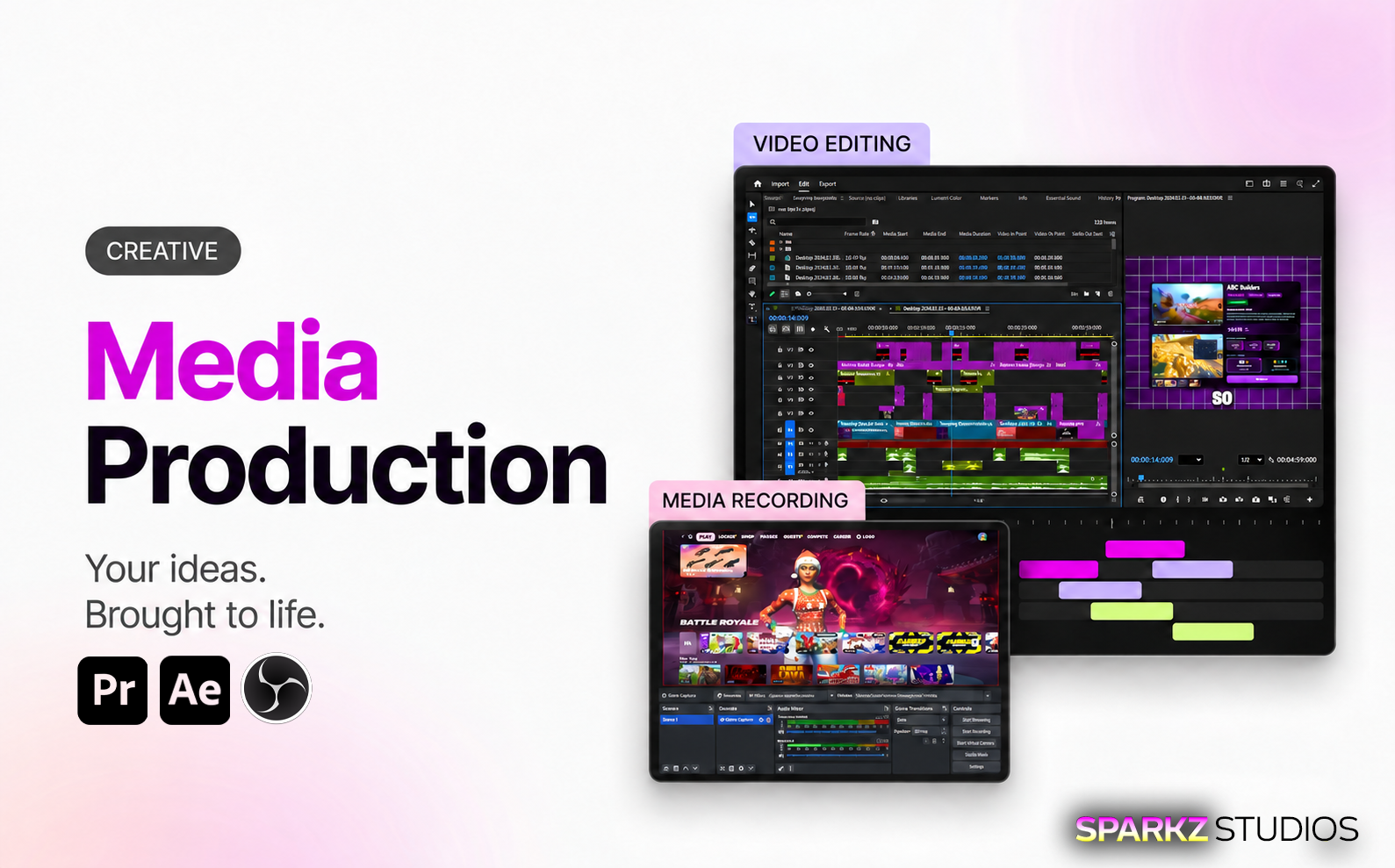 Sparkz Studios Media Production artwork with a video editing timeline and custom graphics preview.