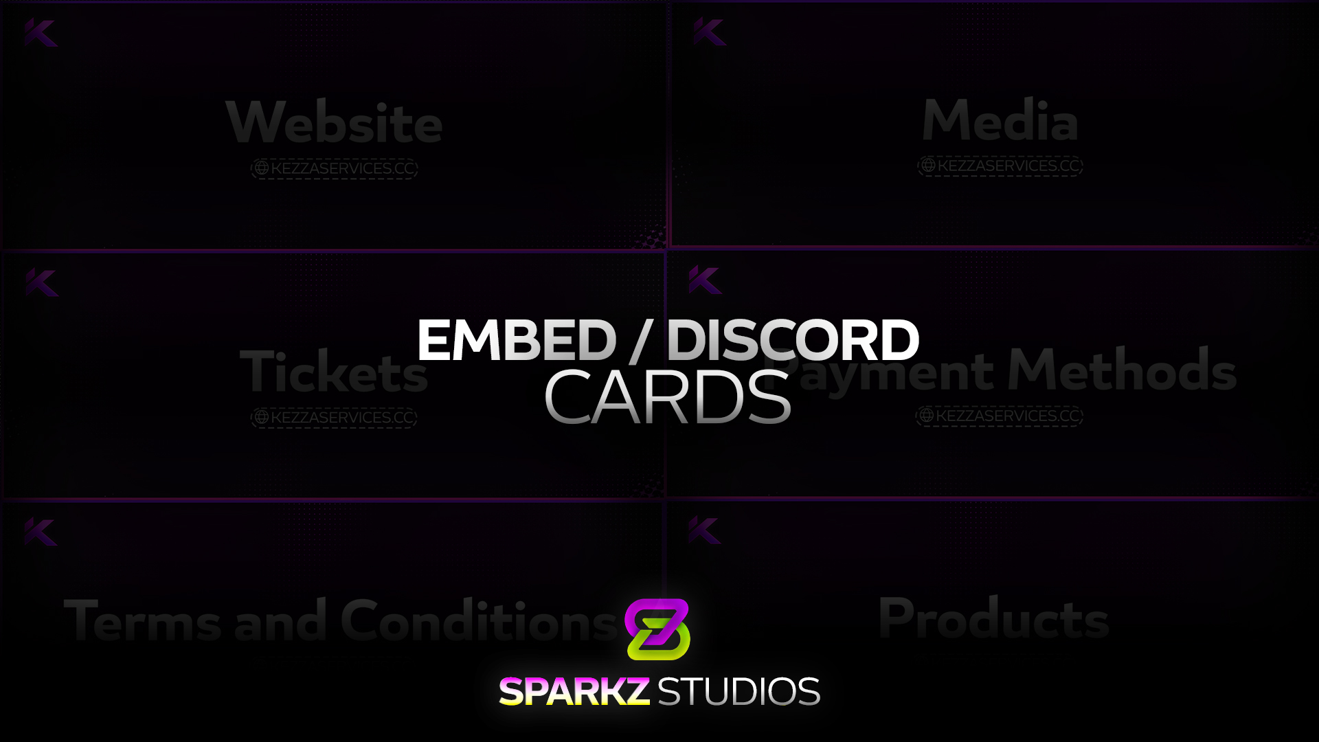 A six-panel collection of purple Discord embed card designs.