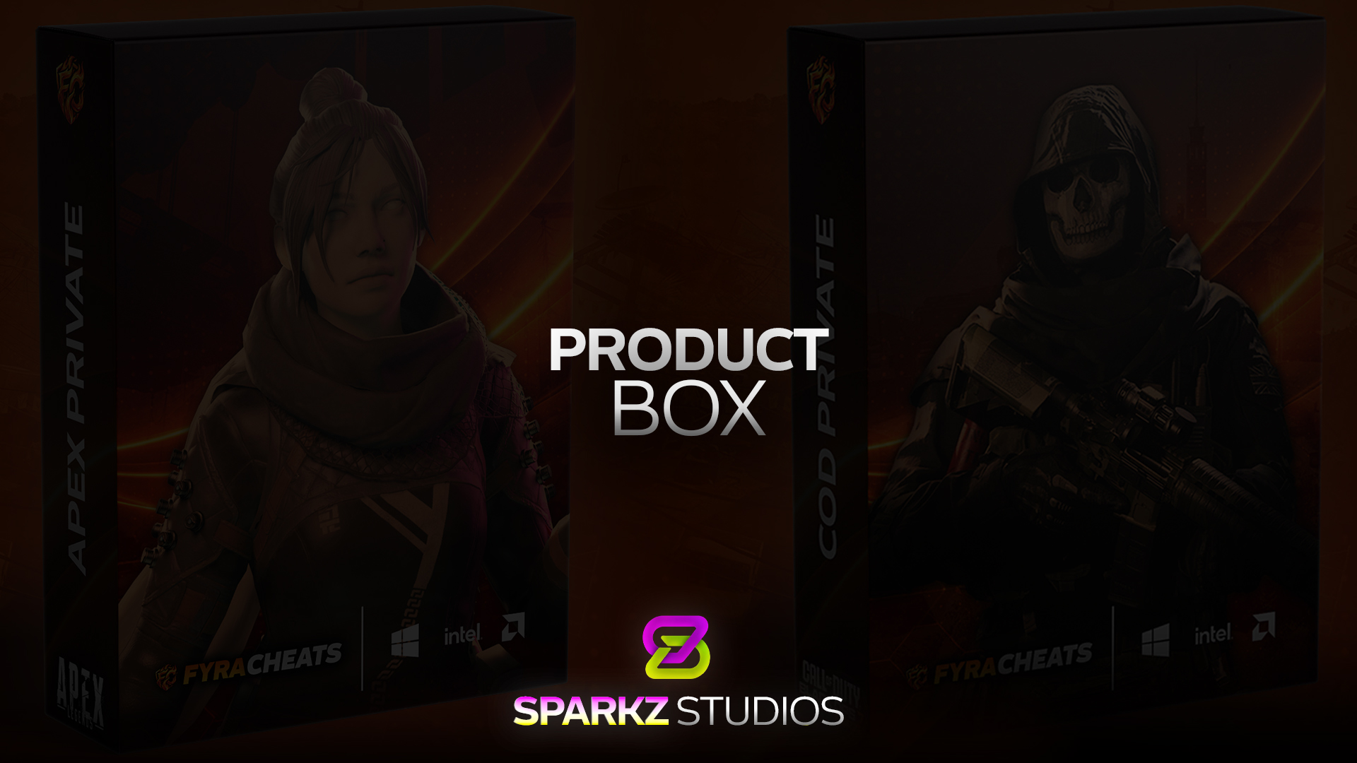 Two orange gaming product box designs with Apex and Call of Duty artwork.