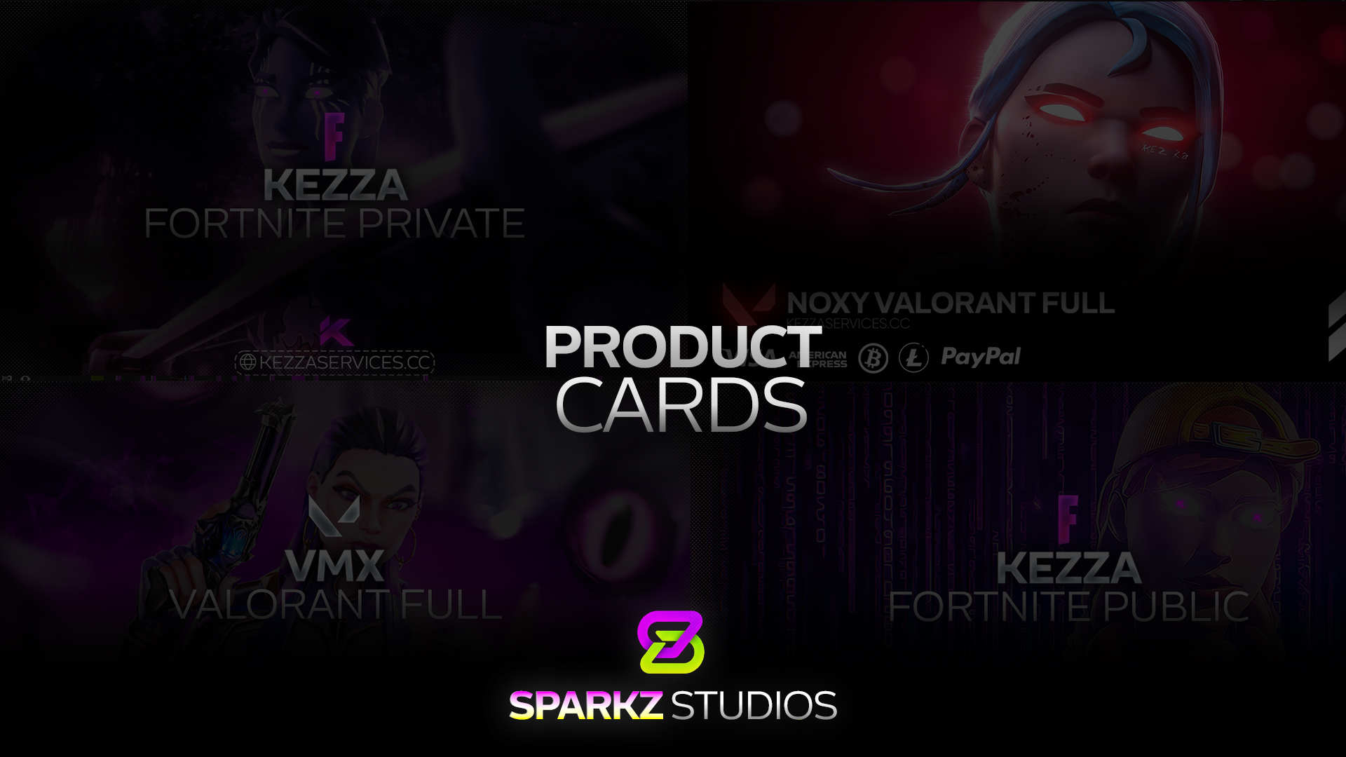 A collection of purple and red Fortnite and Valorant product card designs.