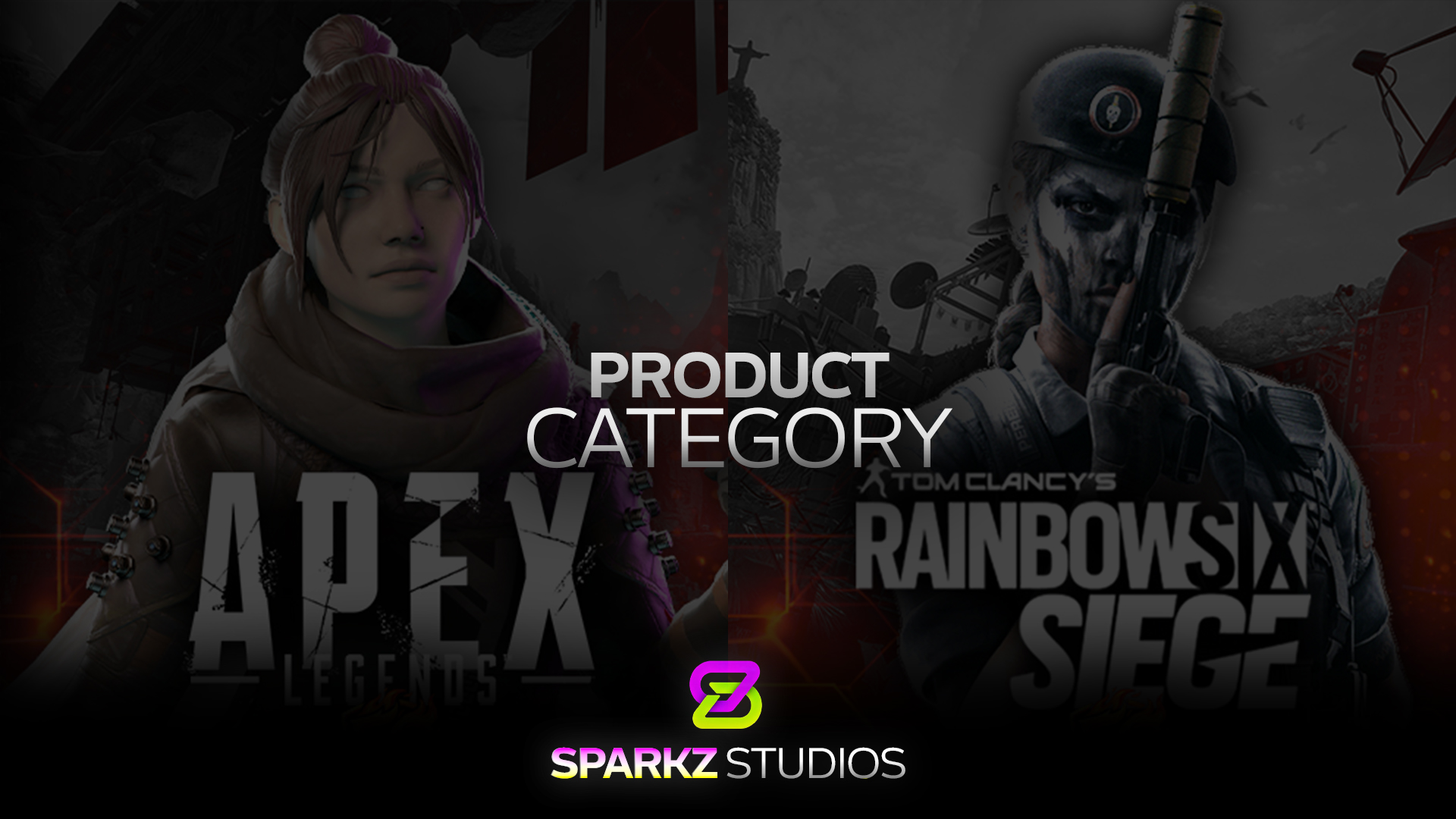 Apex Legends and Rainbow Six Siege product category artwork.