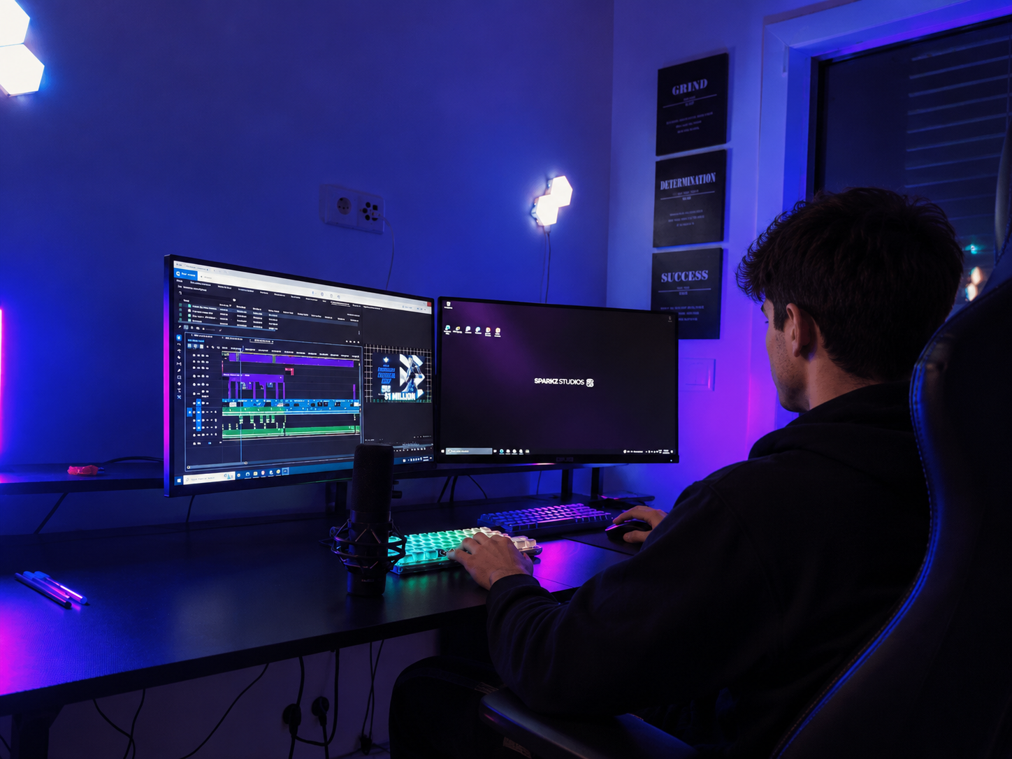 A Sparkz Studios editor working at a dual-monitor video editing workstation in the blue and purple-lit studio.